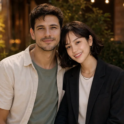 Warm portrait of two selected catalog people, one wearing a pale overshirt and one a dark blazer.