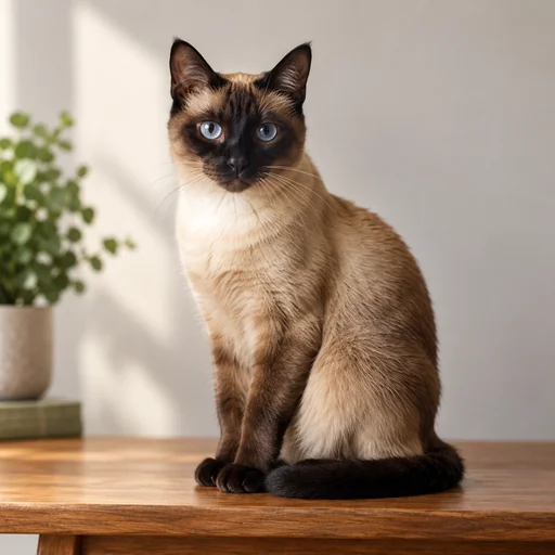 A blue-eyed Siamese cat sits on a wooden bench with its dark tail curled around its paws.