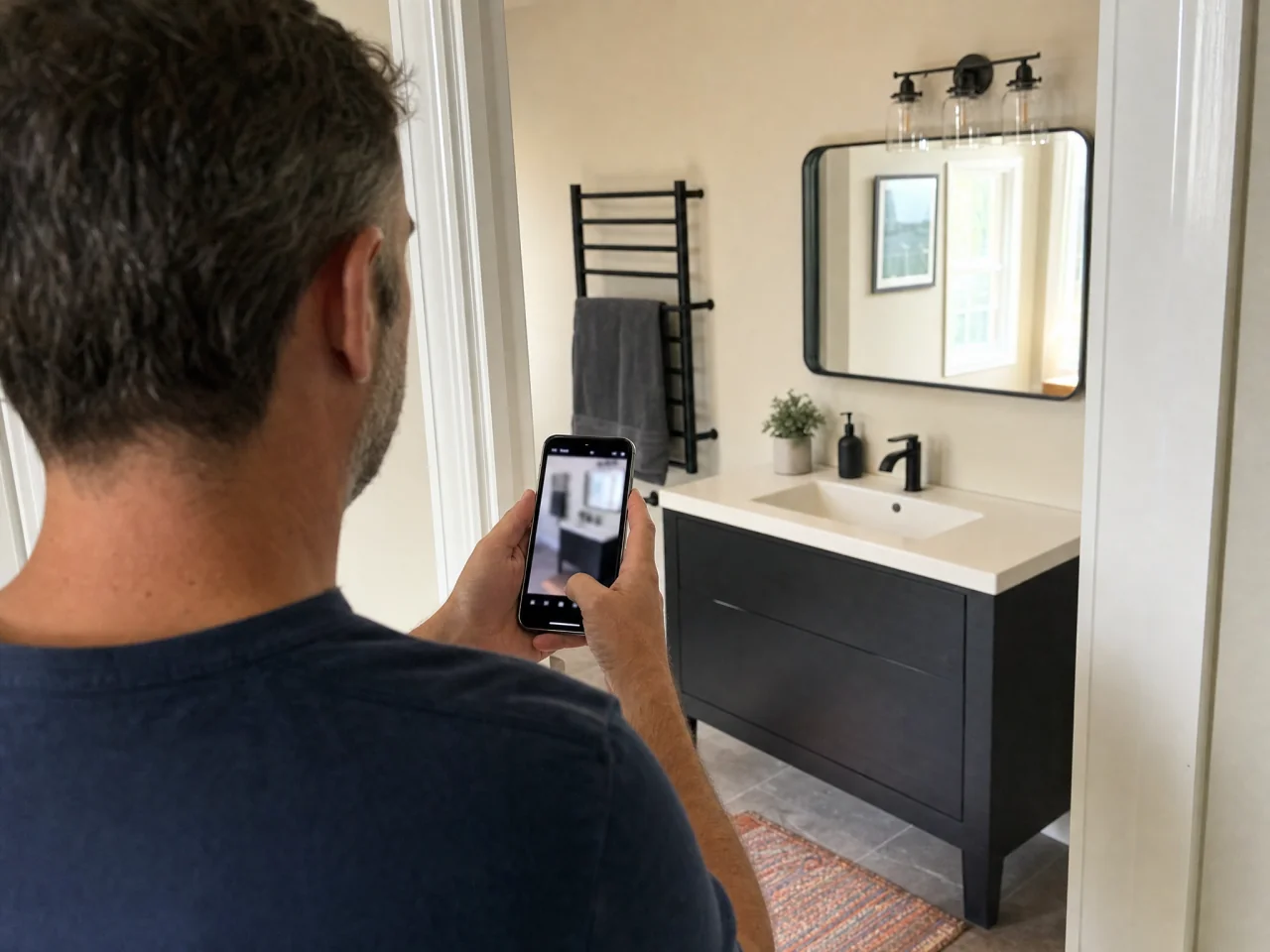 Person standing in the doorway photographing a small bathroom with a smartphone; a wall mirror and towel rack are visible.