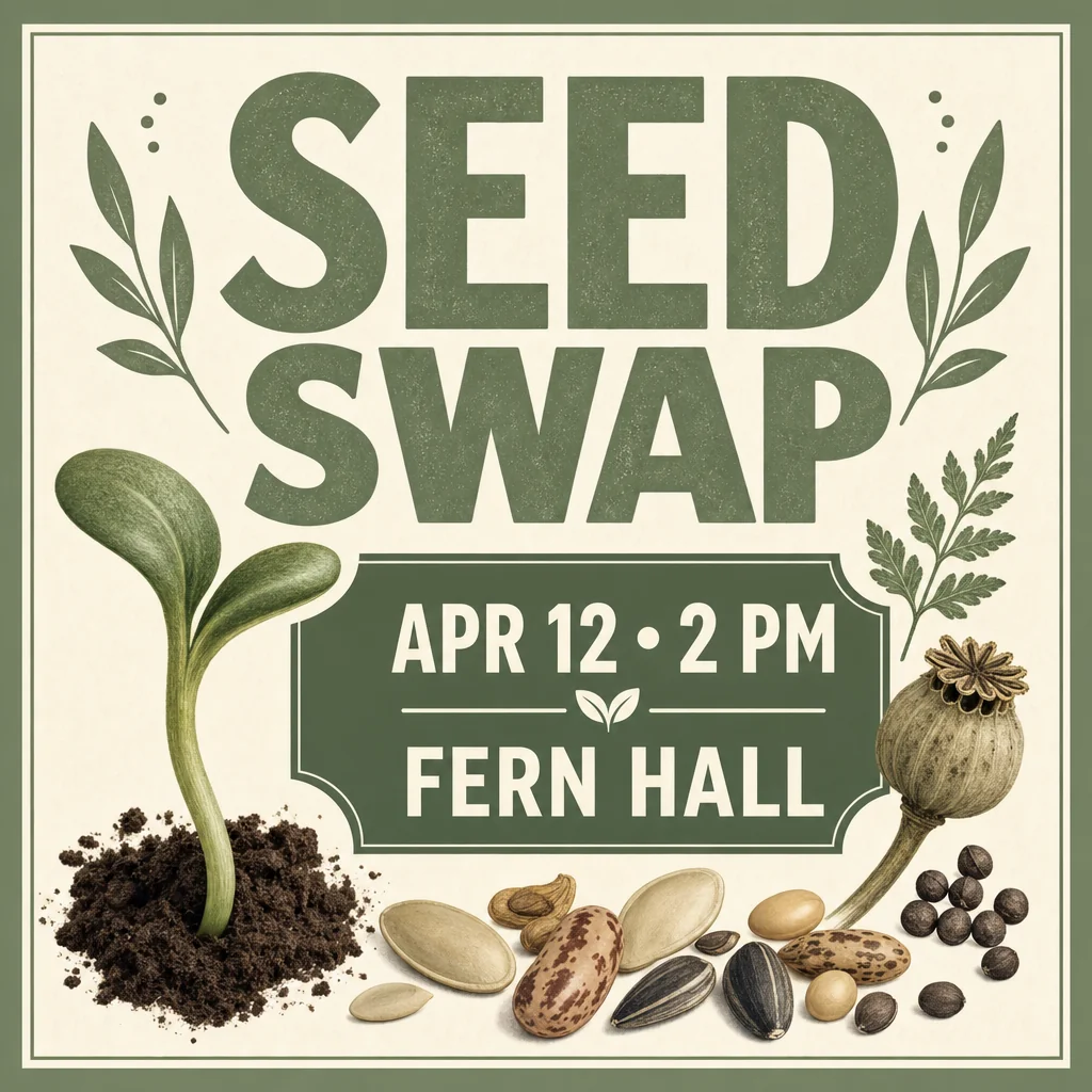 Seed Swap poster with sprout and seeds in sage and cream.