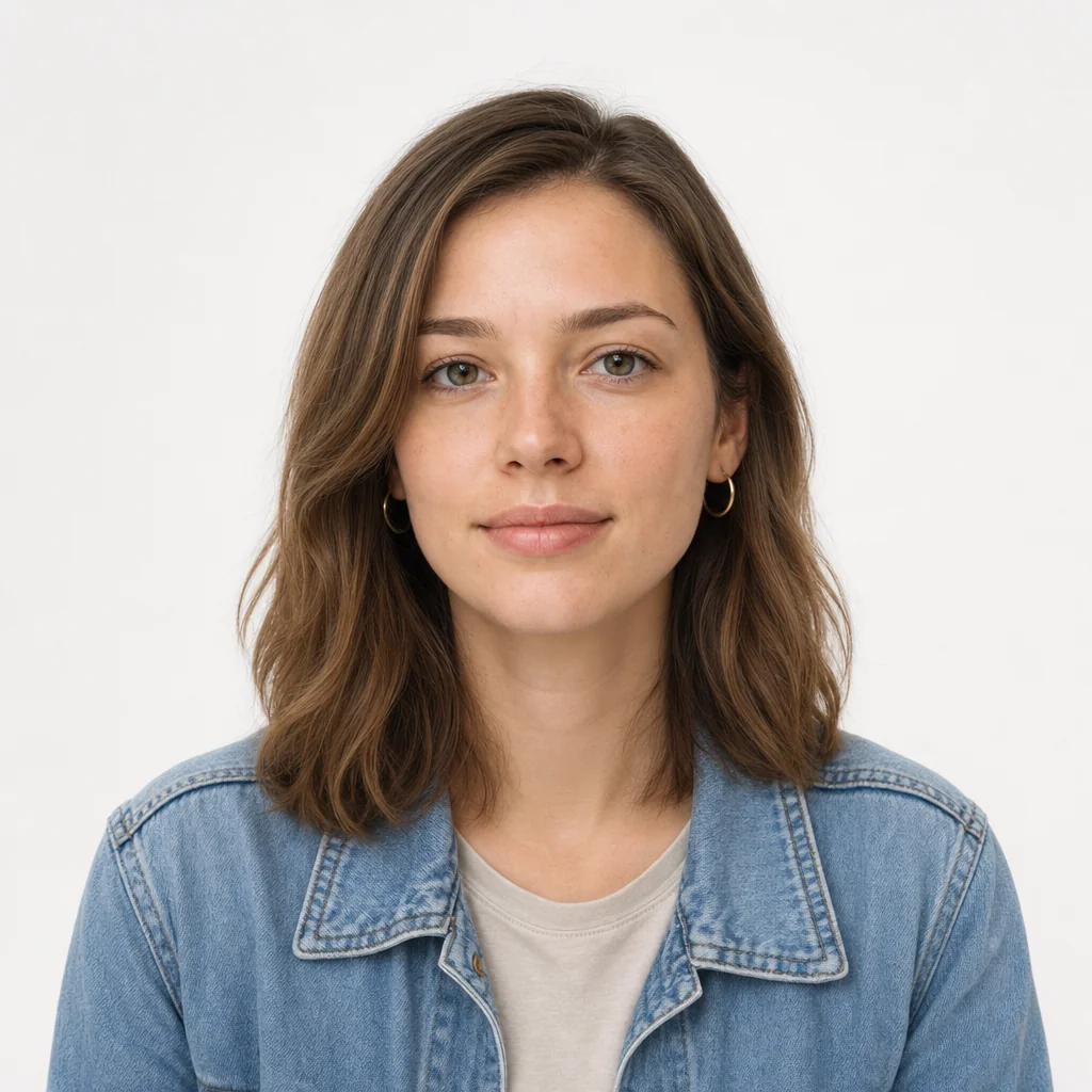 Centered passport-style portrait of the selected person in a denim jacket on a plain light background.