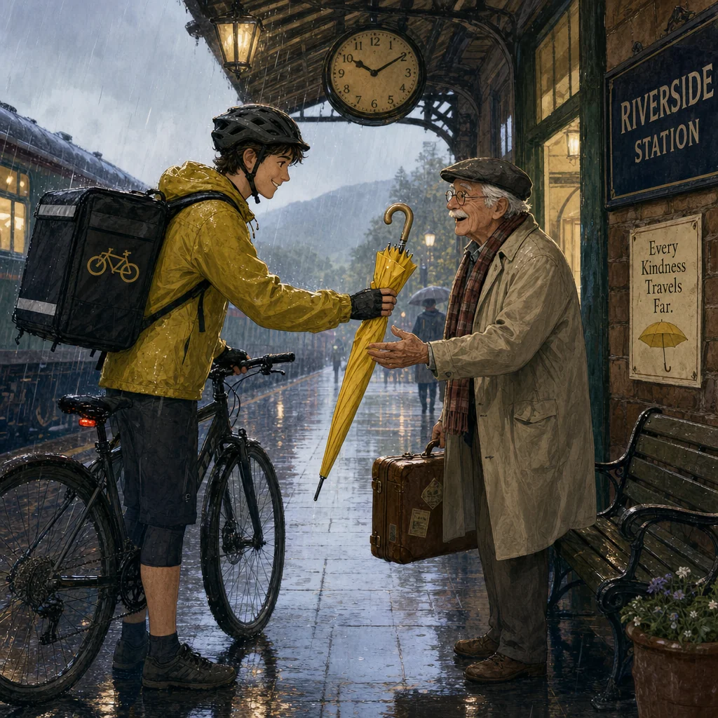 A bicycle courier returns a yellow umbrella to an older traveler on a wet station platform.