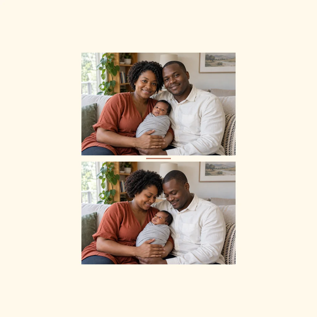 Two complete family photos stacked vertically in their original order, preserving both full images.