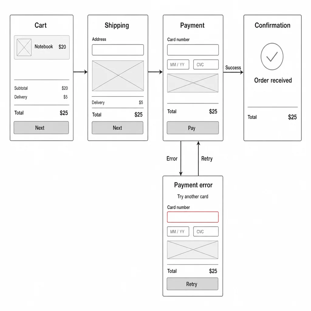 Five-panel notebook checkout wireframe with correct Success, Error and Retry connections and a $25 total.