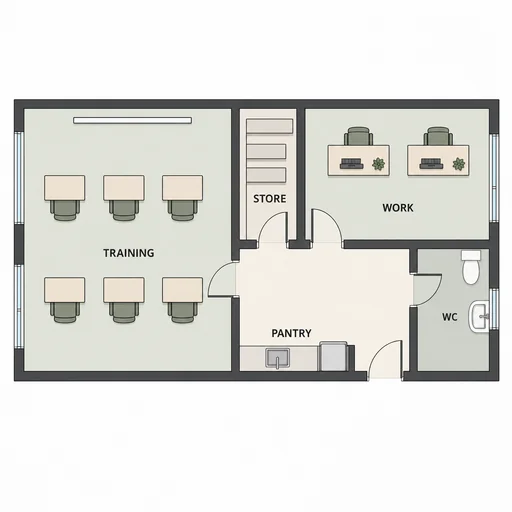 Training office with six training desks, two workstations, store, pantry and WC.