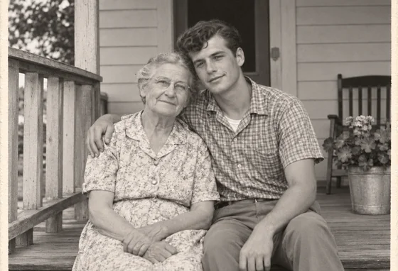 A restored monochrome porch photograph of a grandmother and her grandson.