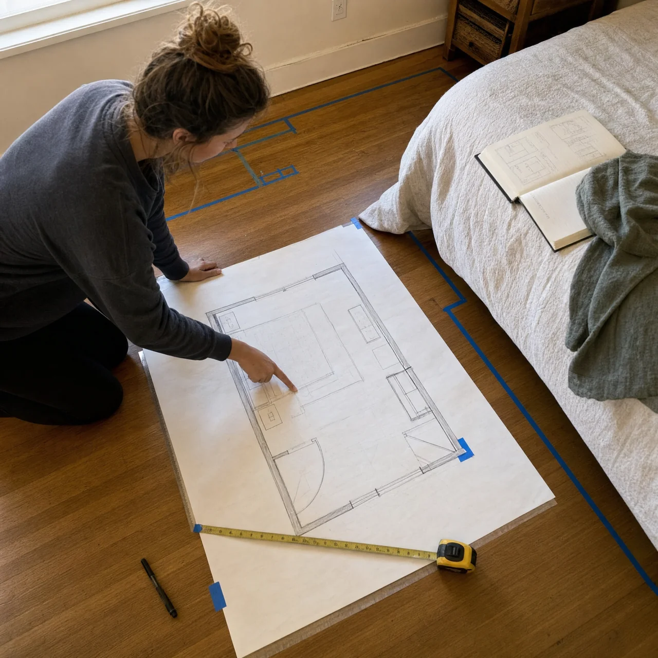 Hand-drawn floor plan spread on a small bedroom floor with a measuring tape, painter's tape marking the real door swing nearby, and a person pointing to the sketch.