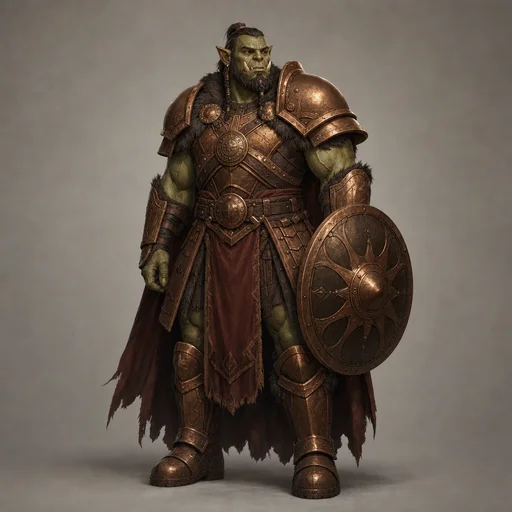 A broad-shouldered orc guardian in copper and bronze armor carries a round shield.