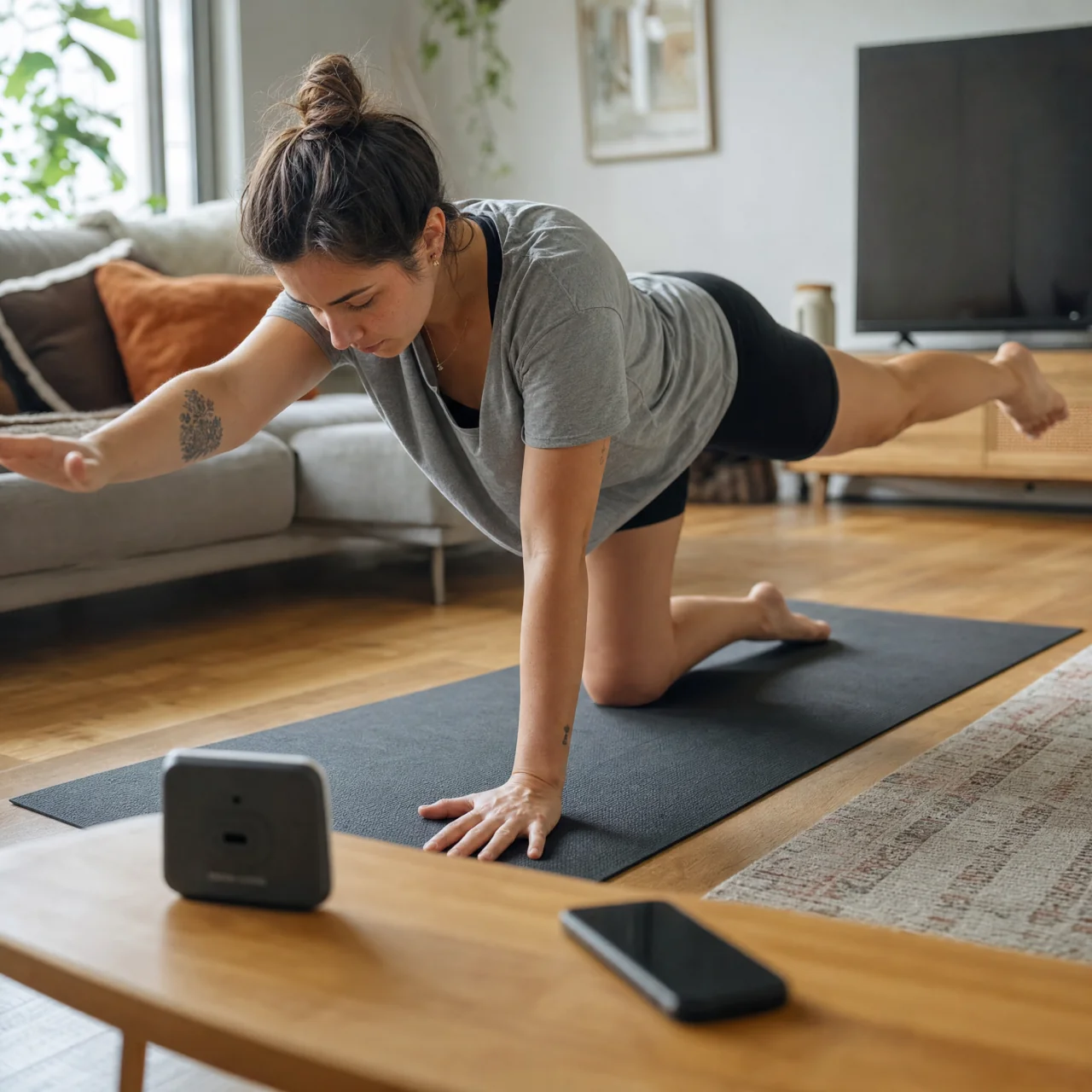 Adult performing a slow bird‑dog exercise on a mat with hands under shoulders and opposite arm and leg extended; a small kitchen timer is visible from its rear on a low table and a phone lies face-down beside the mat.