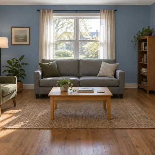 The reference living room with dusty-blue eggshell walls and its existing furnishings.