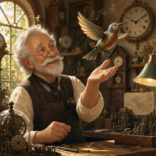 An elderly clockmaker smiles as a repaired tin songbird rises from his hand in a warmly lit workshop.