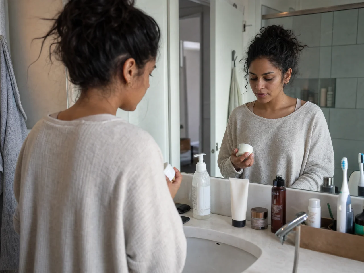 Person at a bathroom mirror selecting a single skincare product from a small group on the sink