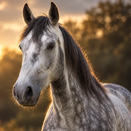 A dapple-gray horse with a dark mane poses in warm evening light against softly blurred trees.