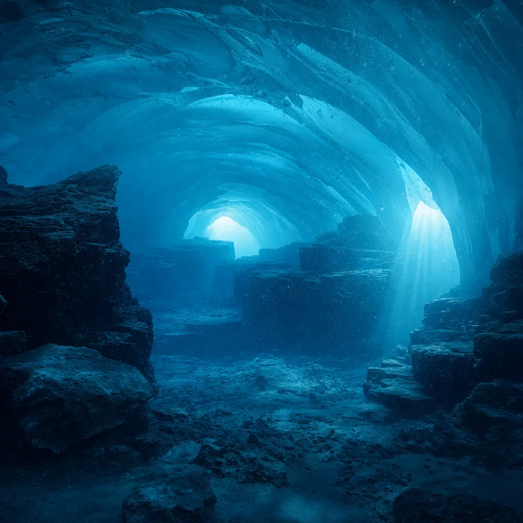 The vault reads as flooded underwater depth, with suspended particles and refracted blue light
