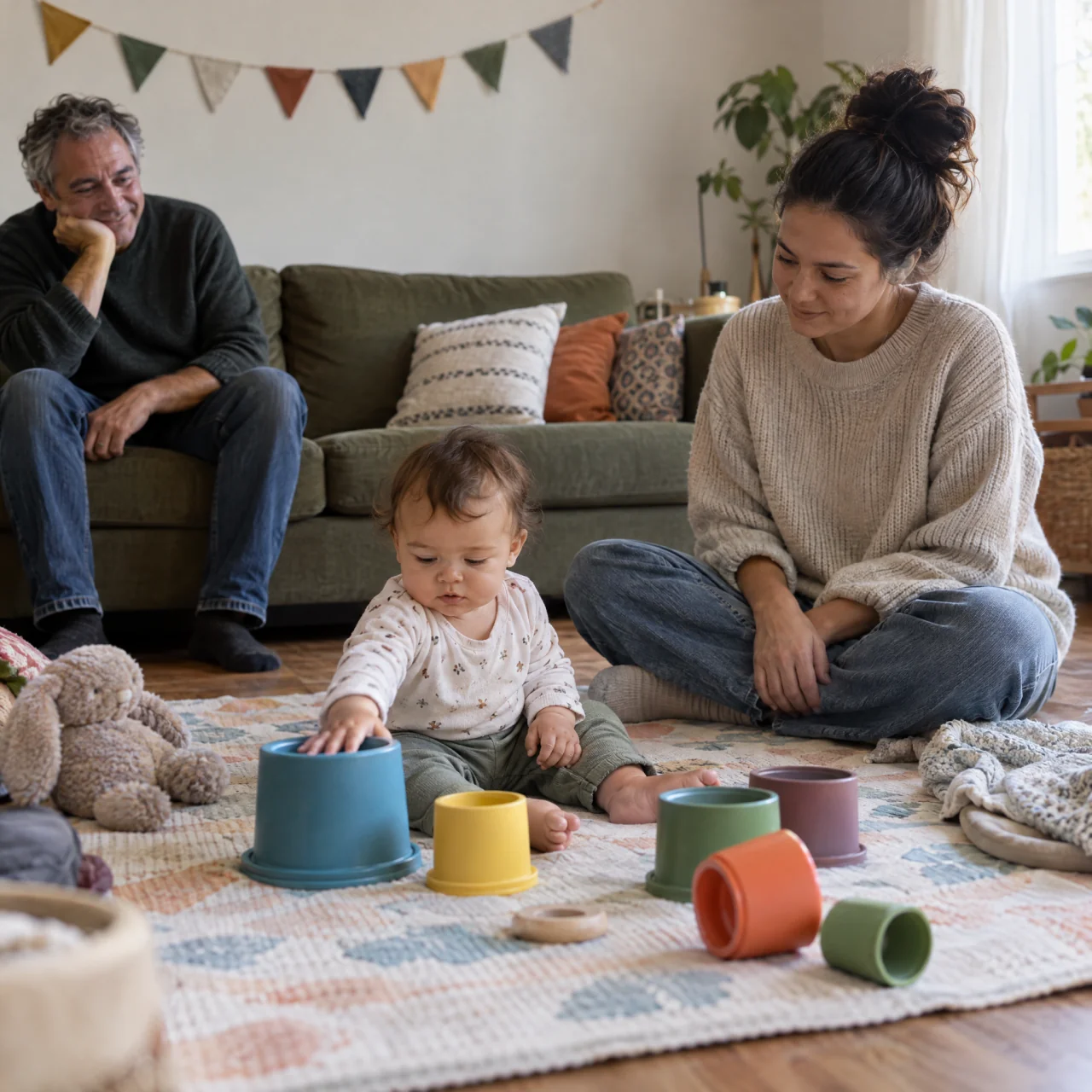 A one-year-old reaches for a nesting cup on a play mat while a caregiver sits beside them and two relatives watch from a sofa beneath simple bunting.