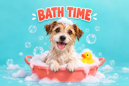 Source 1 for Video thumbnail design: dog bath thumbnail.