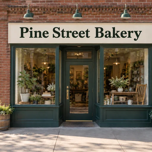 Brick storefront with dark green trim and a cream sign reading Pine Street Bakery.