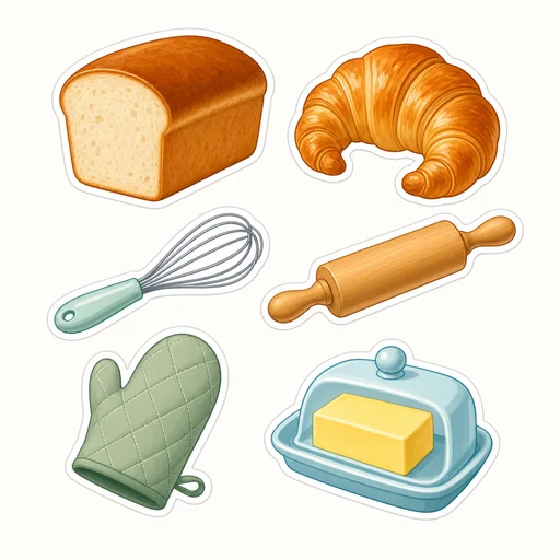 Six baking stickers show a loaf, croissant, whisk, rolling pin, oven mitt and butter dish.