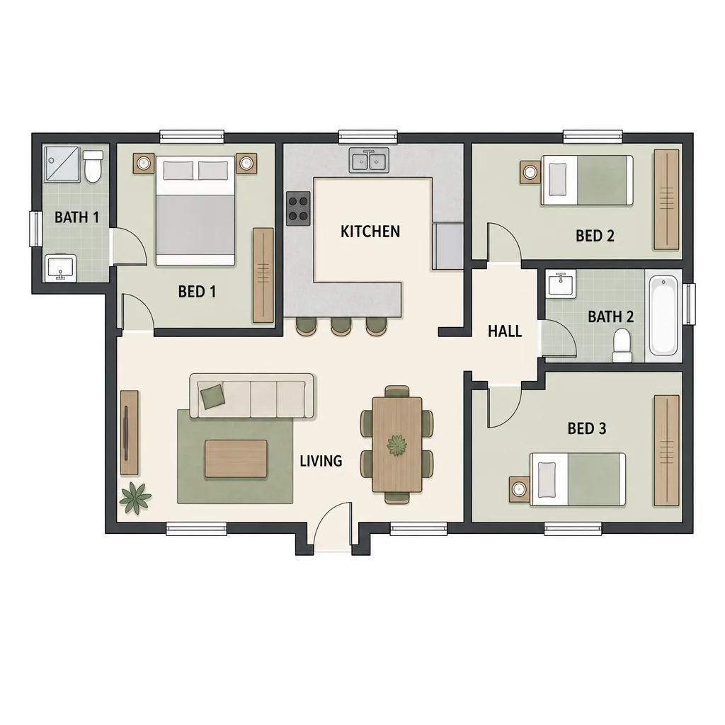 Unmeasured three-bedroom bungalow with two baths and open living kitchen.