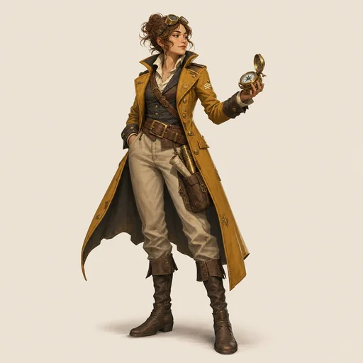 Adult skyship navigator in a mustard coat holding an open brass compass.