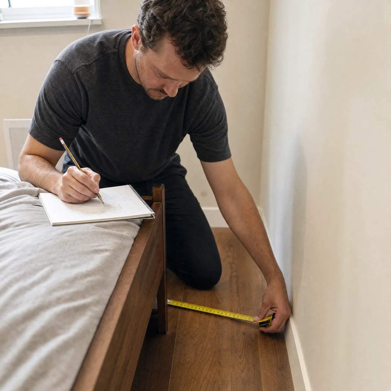Person using a tape measure to check space between a bed and wall while jotting dimensions in a notebook.