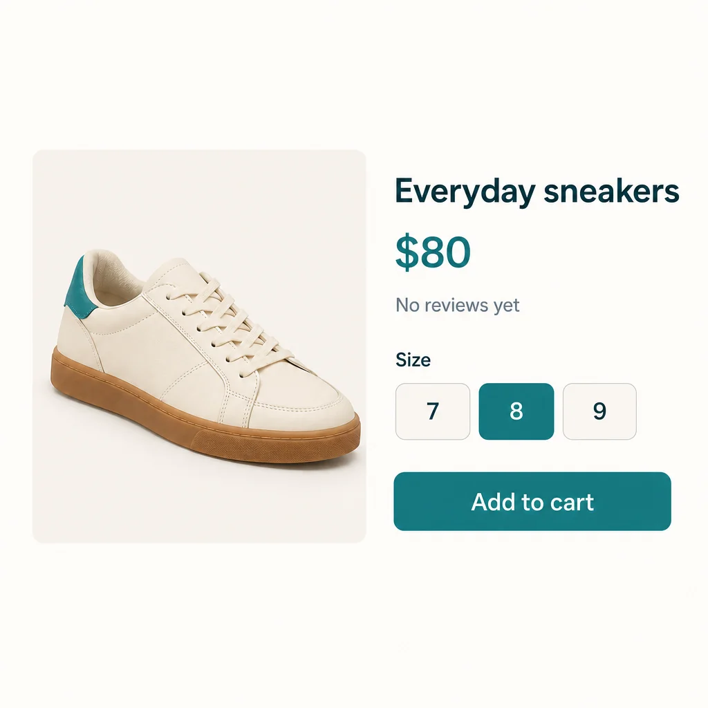 Everyday sneakers, $80, No reviews yet, Size 7/8/9 with 8 selected, Add to cart all retained.