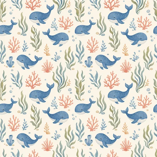 Small blue whales with curved kelp and coral accents on warm ivory.