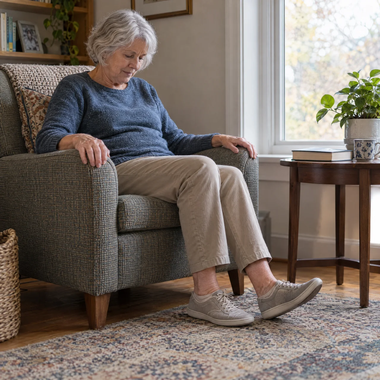 Older adult in a firm armchair gently lifting the toes of one foot with the heel on the floor, beside a closed book on a side table.