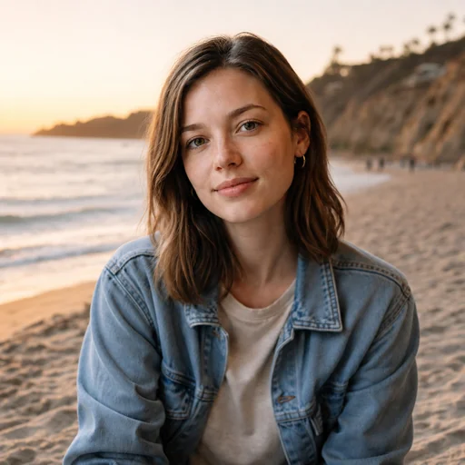 The original denim-jacket portrait against a warm sandy beach and ocean backdrop.
