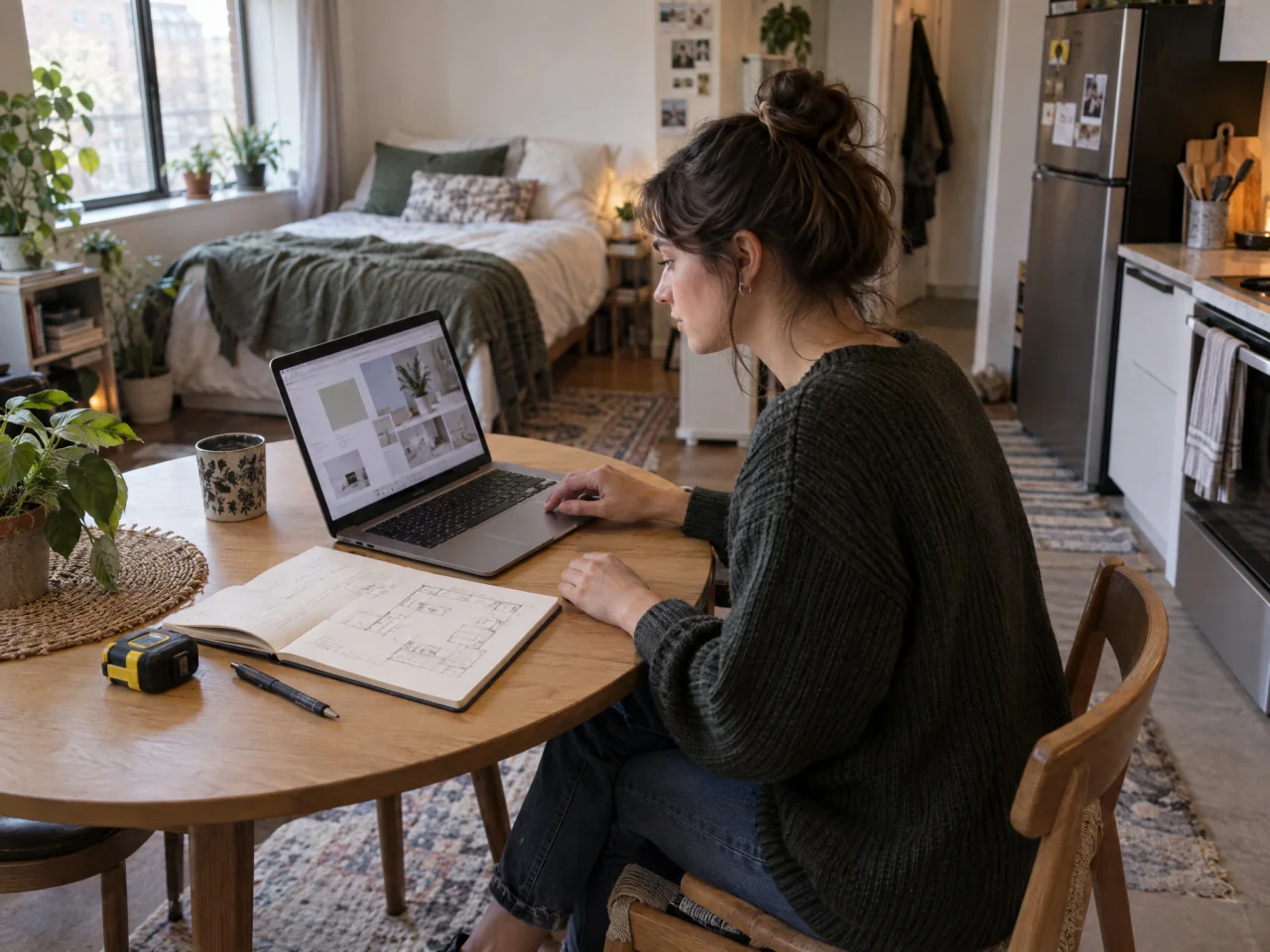 A studio resident works on a laptop beside a notebook with a single-room sketch and a tape measure, with a bed and kitchenette in the shared room.