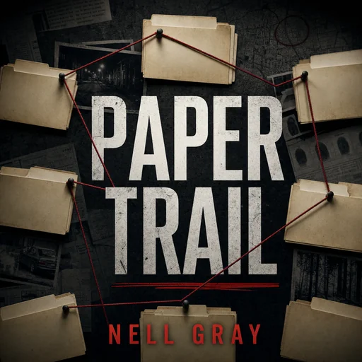 Paper Trail cover by Nell Gray with blank file tabs linked by red string and extra background document text.