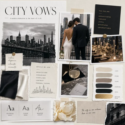 A CITY VOWS moodboard combines city wedding imagery, black-and-ivory swatches and modern typography cues.