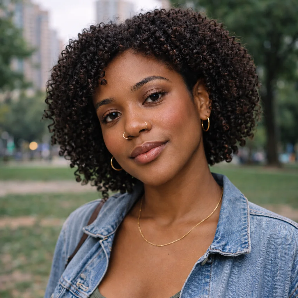 A woman with black curls and a denim jacket wearing natural makeup with soft rosy cheeks and a glossy neutral lip.