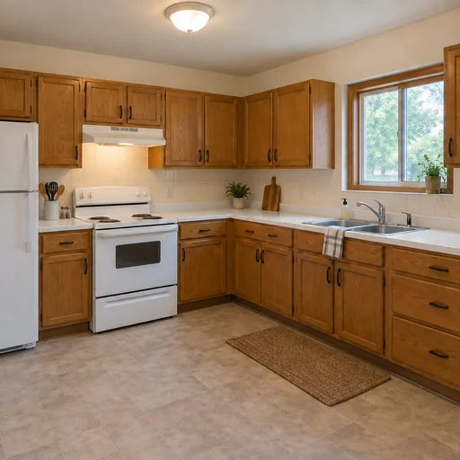 The reference kitchen with soft-white quartz counters and fine gray veining.