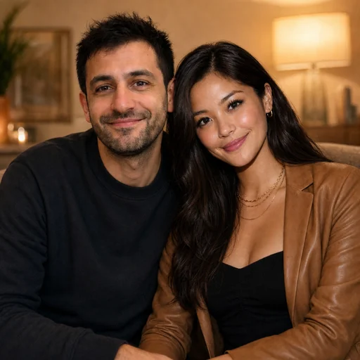 Warm seated portrait of two selected catalog people in a dark sweater and brown jacket.