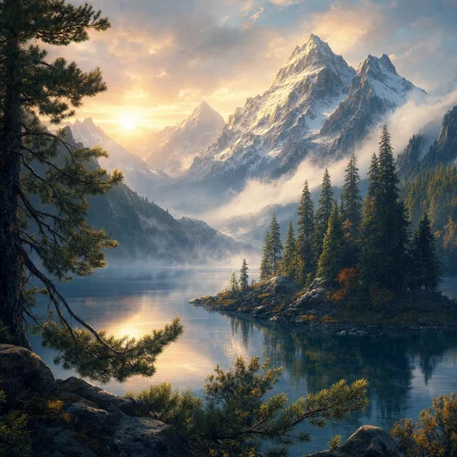 Sunrise illuminates snowy alpine peaks above a misty lake framed by dark pine branches.