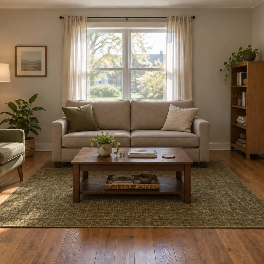 Living room with a taupe sofa, dark-oak coffee table and olive rug.