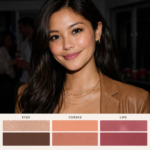 Original brown-jacket portrait above six eye, cheek and lip color swatches in a three-by-two strip.