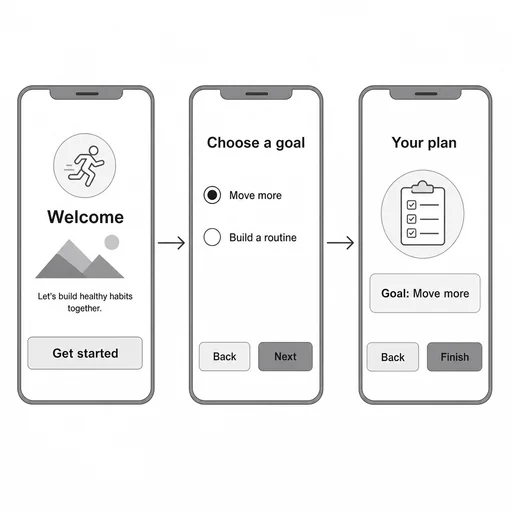Three fitness screens, exactly two rightward arrows, selected Move more radio, correct plan and navigation controls all readable.