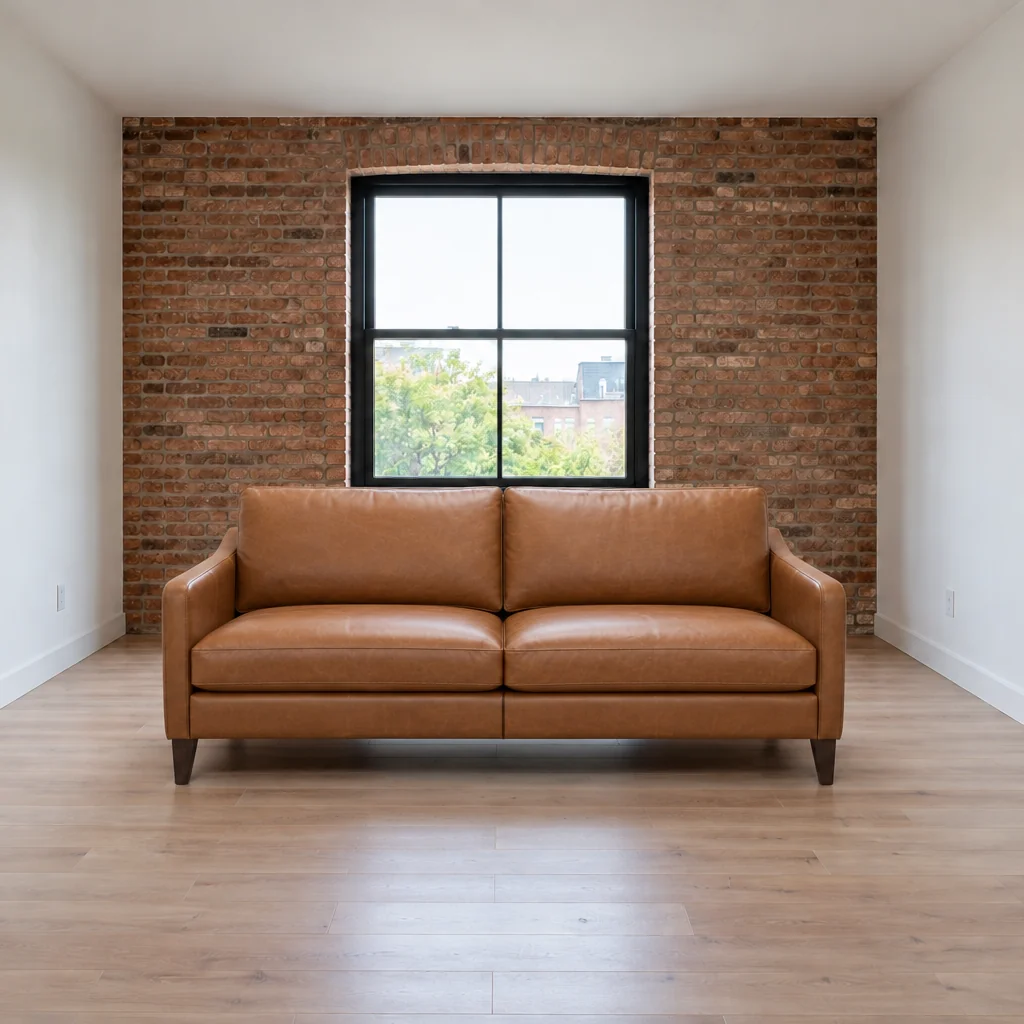 Tan leather sofa centered facing the viewer in an otherwise empty room with a brick wall and black-framed window.