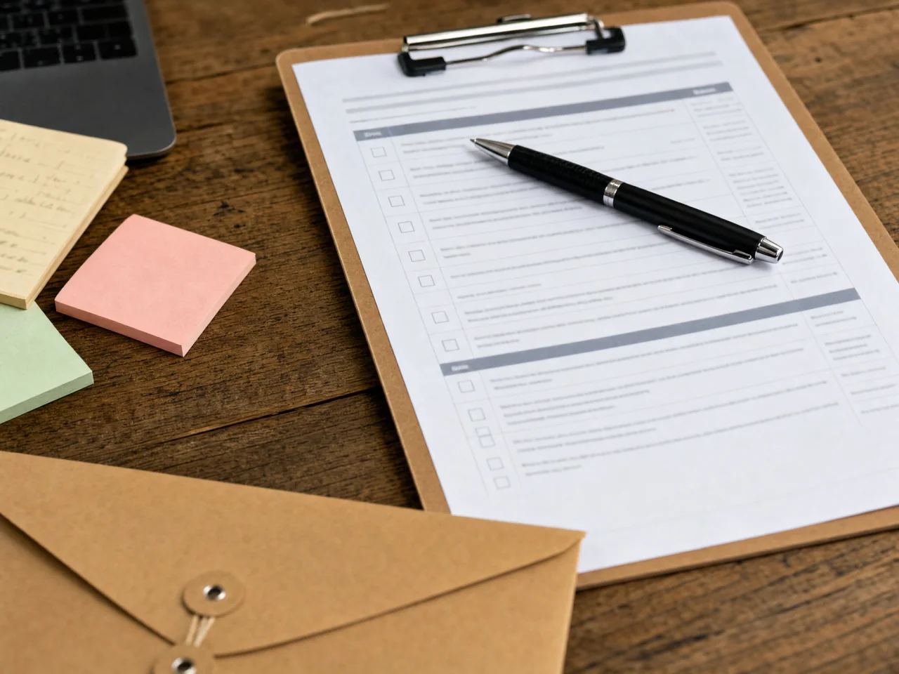 Clipboard with a checklist page and a pen on a desk beside sticky notes and an envelope