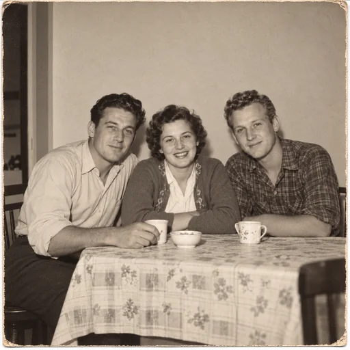 A restored warm monochrome photo of three adult siblings seated at a kitchen table.