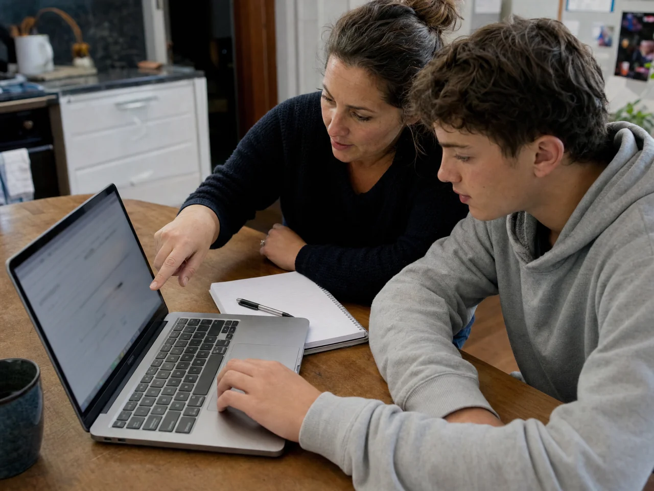 Parent and teen leaning over a laptop at the kitchen table, teen typing while the parent points at the screen and a notepad sits nearby.