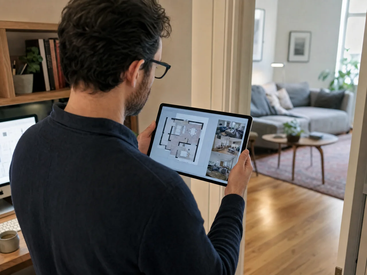 Remote worker holding a tablet showing a simple room-layout thumbnail grid while standing in a doorway between the office and an adjacent room
