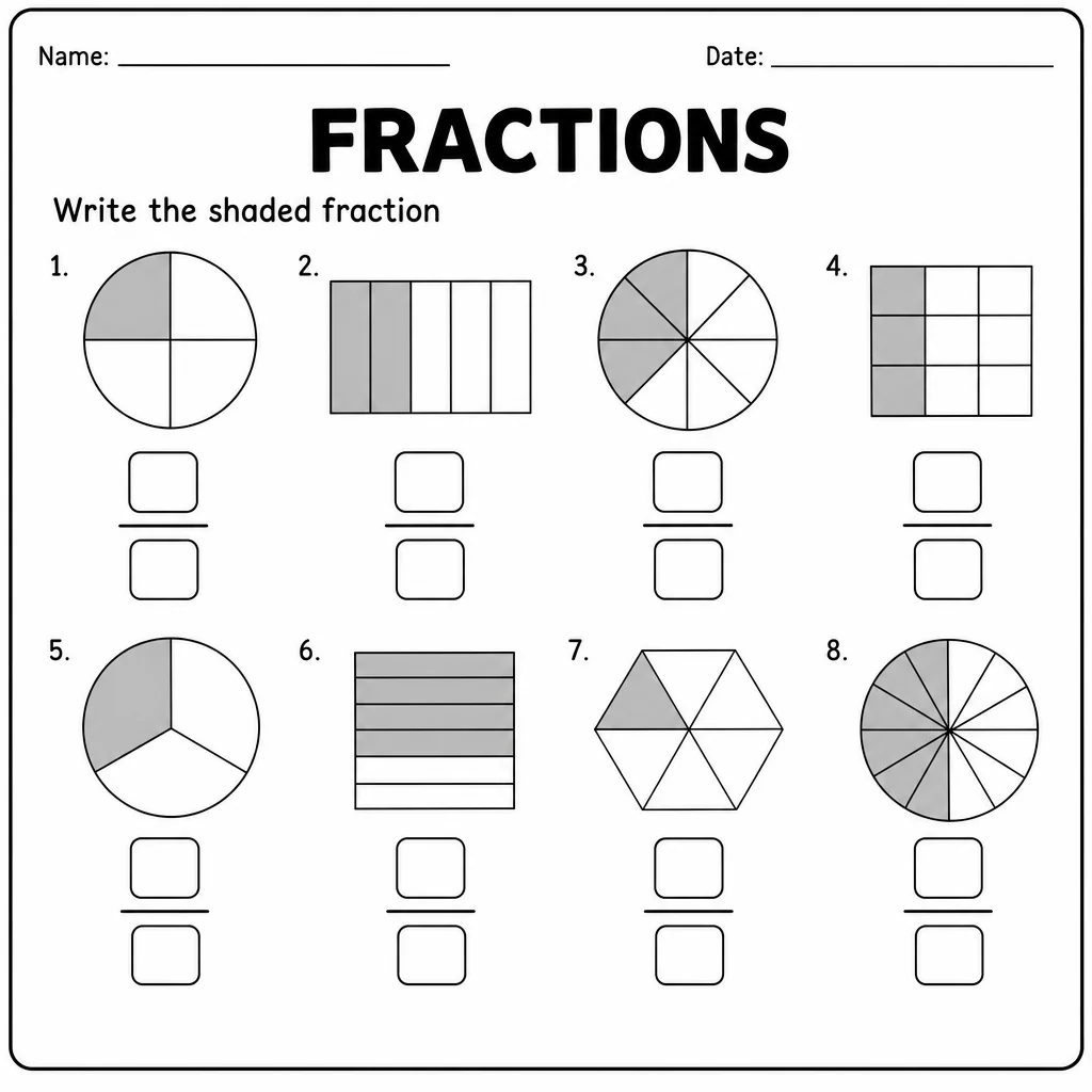 Fractions worksheet with eight shaded shapes and blank fraction boxes.
