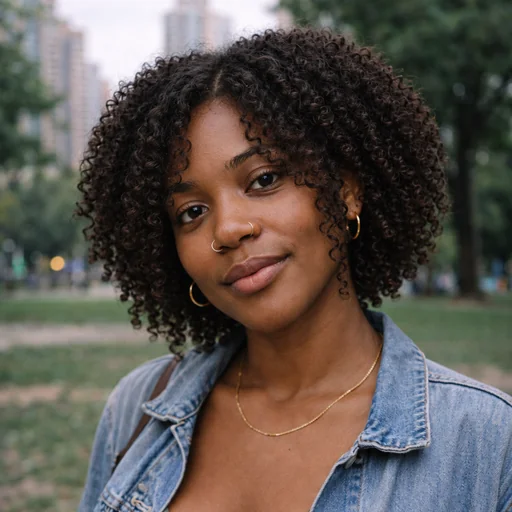 Woman with long curly curtain bangs and jaw-length face-framing strands, wearing a denim jacket.
