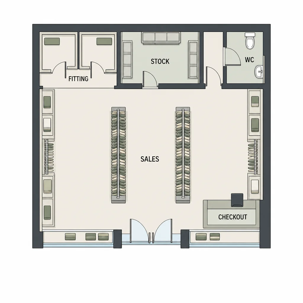 Refined retail store floor plan preserving the original layout, labels and furnishings.