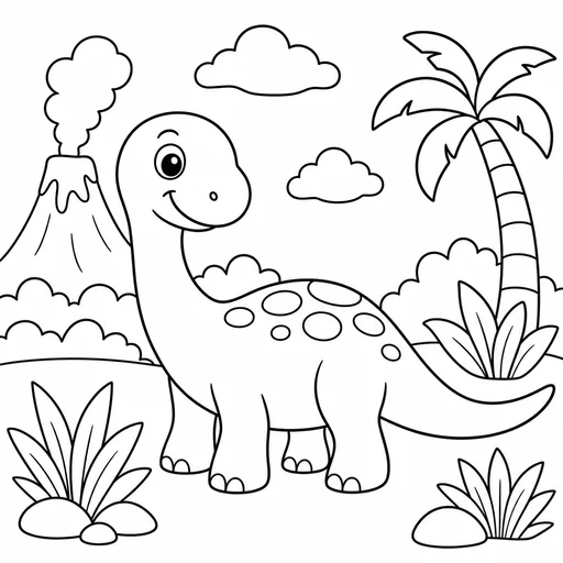 Simple dinosaur coloring page with bold outlines, large fillable shapes, a palm tree and volcano.
