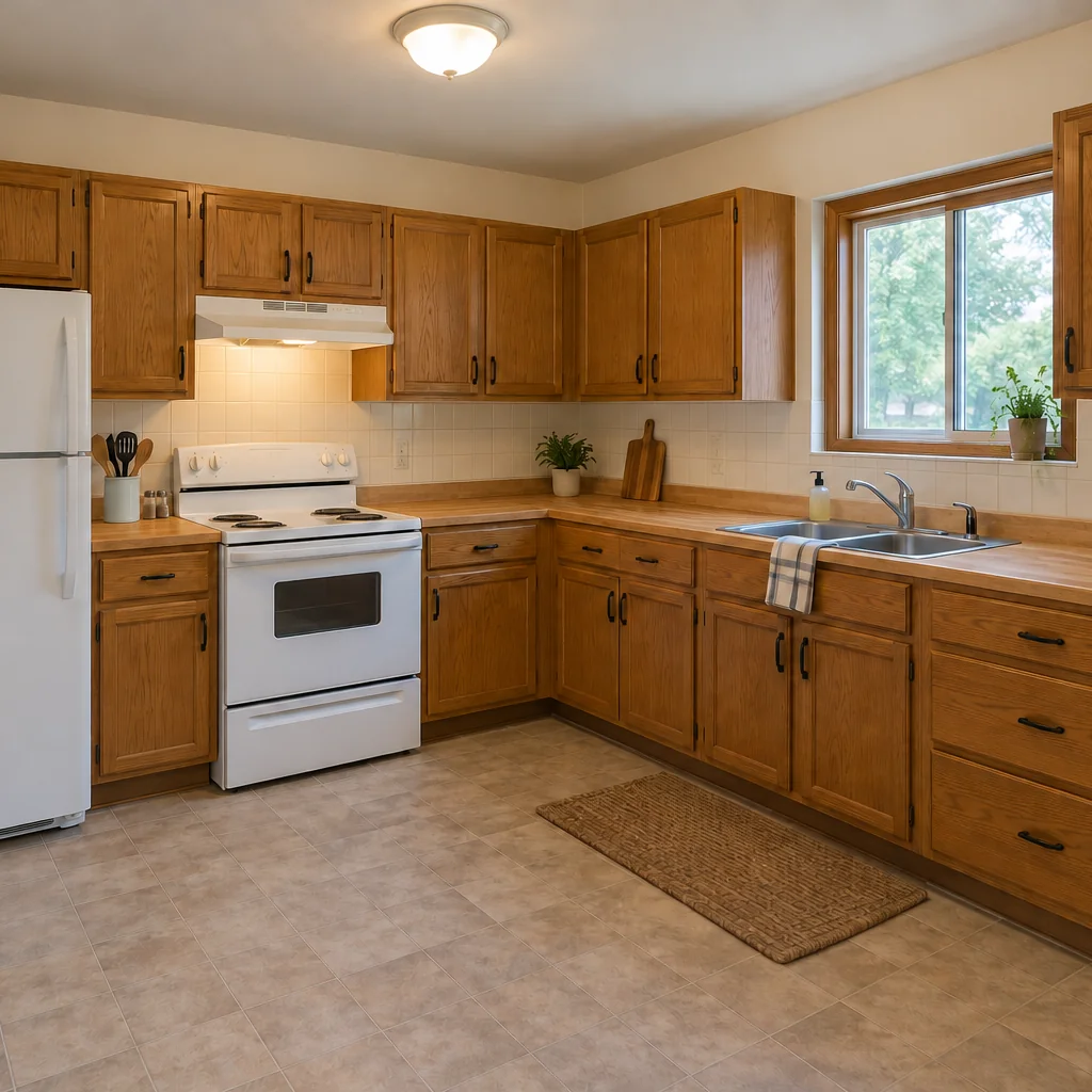 The reference kitchen with warm oak butcher-block counters.