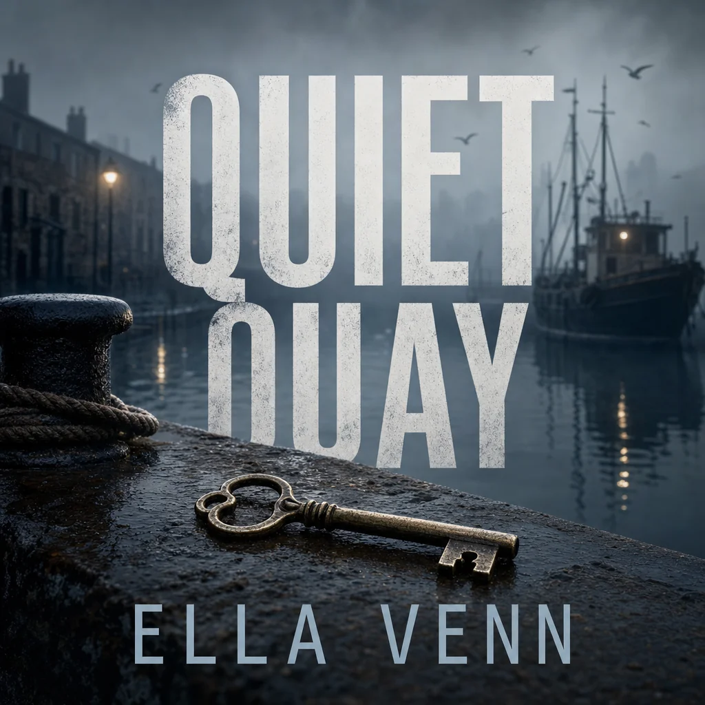 Quiet Quay mystery cover with one old key beside a foggy harbor.